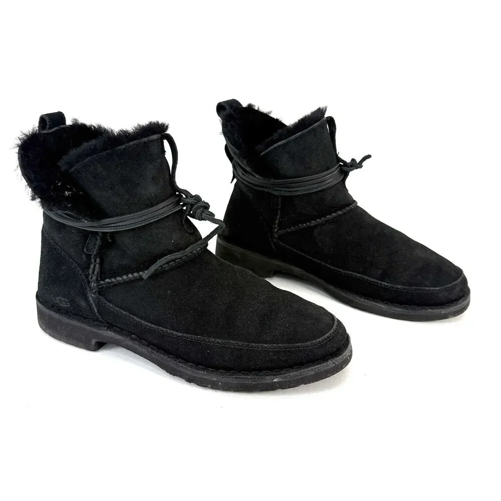 UGG Boots Womens 8 Esther Classic Shearling Winter Bootie 1103809 Black Suede
